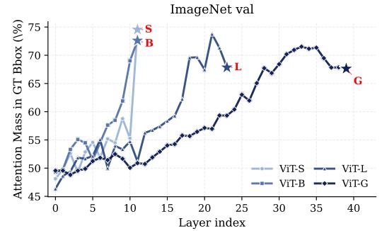 Figureure 9 · : Per-layer CLS-to-patches attention mass for DINOv2 with register tok