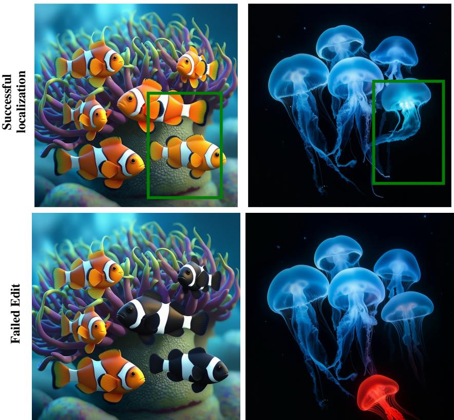 “Recolour the bottom right clownfish to be black and white” “Make the bottom jellyfish glo